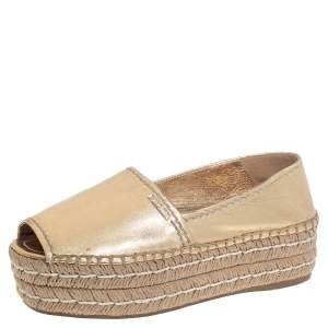 Pre Owned Prada Metallic Gold Leather Peep Toe Platform Espadrilles Size 36