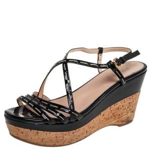 Pre Owned Prada Black Patent Leather Strappy Wedge Sandals Size 40.5