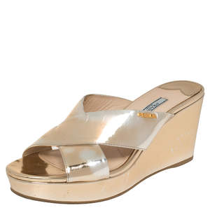 Pre Owned Prada Gold Foil Leather Cross Strap Wedge Sandals Size 39