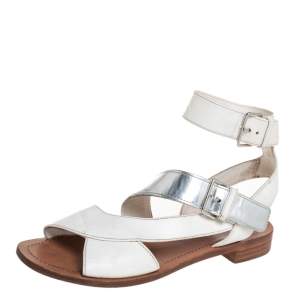 Prada White/Silver Leather Flat Ankle Strap Sandals Size 37