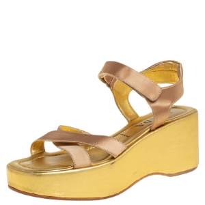 Pre Owned Prada Gold Leather Strappy Wedge Sandals Size 39
