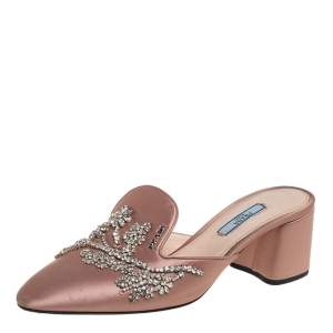 Pre Owned Prada Beige Satin Crystal Embellished Pointed Toe Mules Size 39