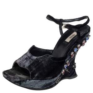Pre Owned Prada Black Velvet Crystal Embellished Wedge Ankle Strap Sandals Size 37.5