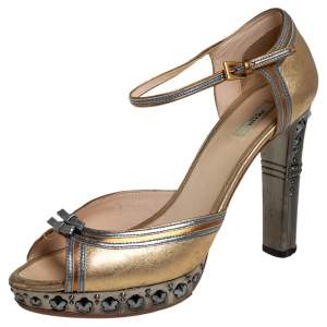 Pre Owned Prada Gold/Silver Leather Ankle Strap Sandals Size 39