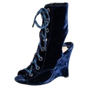 Pre Owned Prada Blue Velvet Open Toe Wedge Lace Up Cut Out Ankle Boots Size 39.5