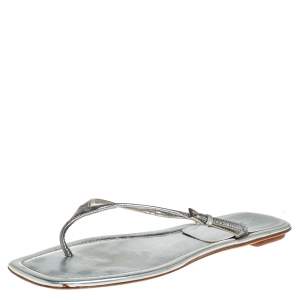 Prada Silver Leather Buckle Embellished Thong Sandals Size 40