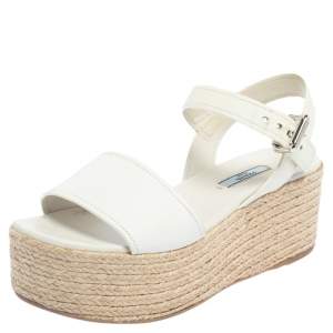 Prada White Leather Espadrille Platform Sandals Size 38