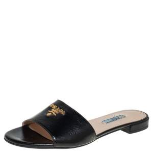 Pre Owned Prada Black Patent Saffiano Leather Logo Embellished Flat Slides Size 38