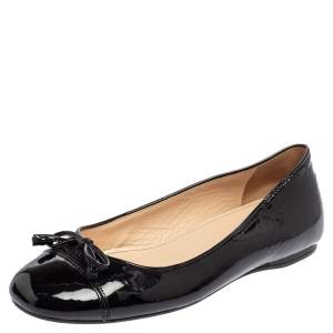 Pre Owned Prada Black Patent Leather Bow Cap Toe Ballet Flats Size 35.5