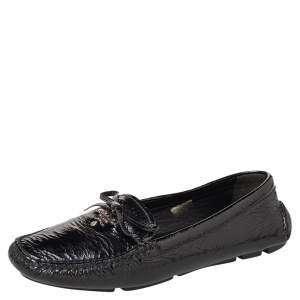 Pre Owned Prada Black Patent Leather Bow Slip On Loafers Size 37.5