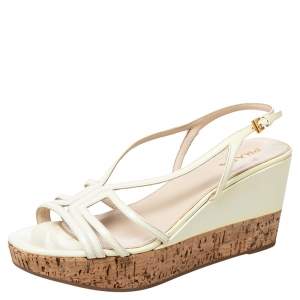 Prada Cream Patent Leather Cork Wedge Platform Slingback Sandals Size 41