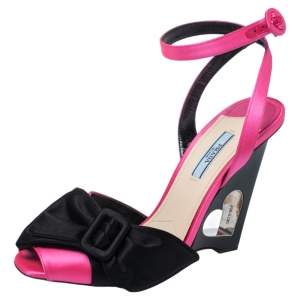 Pre Owned Prada Pink/Black Satin  Buckle Cutout Heart Wedge Sandals Size 40
