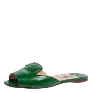 Prada Green Patent Saffiano Leather Flat Slides Size 38