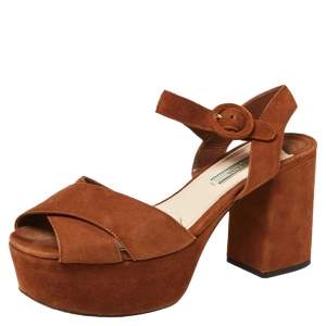 Pre Owned Prada Brown Suede Criss Cross Platform Ankle Strap Sandals Size 38.5