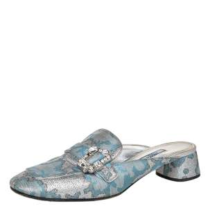 Pre Owned Prada Blue/Silver Brocade Fabric And Leather Crystal Buckle Mules Sandals Size 39.5