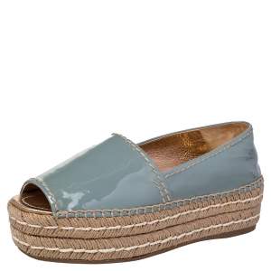 Pre Owned Prada Pastel Blue Patent Leather Platform Espadrille Flats Size 37