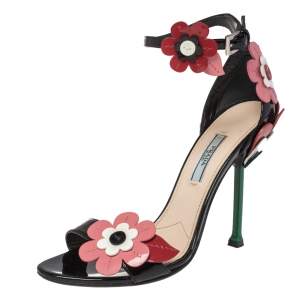 Pre Owned  Prada Multicolor Floral Appliqué Patent Leather Ankle Strap Sandals Size 38