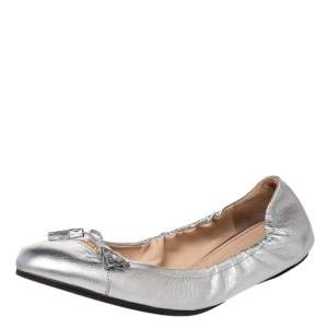 Pre Owned Prada Silver Leather Bow Scrunch Ballet Flats Size 40