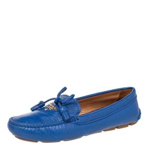 Prada Blue Leather Tassel Bow Slip On Loafers Size 37