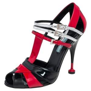 Pre Owned Prada Tri Color Patent Leather and Snakeskin Strappy Sandals Size 37.5