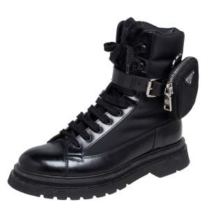 Prada Black Leather and Nylon Monolith Ankle Boots Size FR 39.5