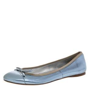 Pre Owned Prada Metallic Blue Leather Cap Toe Bow Ballet Flats Size 38.5
