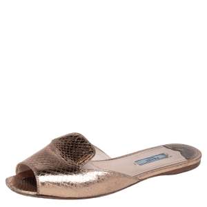Pre Owned Prada Gold Python Embossed Leather Slide Flats Size 39.5