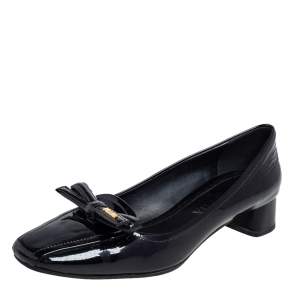 Pre Owned Prada Black Patent Leather Bow Block Heel Pumps Size 36.5