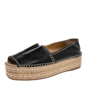 Pre Owned Prada Black Leather Peep Toe Platform Espadrille Flats Size 39