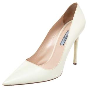 Pre Owned Prada Cream Patent Saffiano Leather Pointed Toe Pumps Size 41