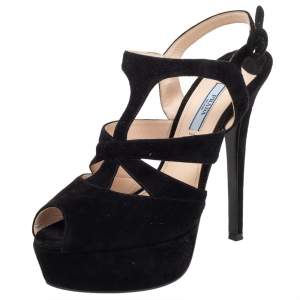 Pre Owned Prada Black Suede Peep Toe Slingback Platform Sandals Size 39