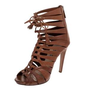 Pre Owned Prada Brown Leather Tassel Lace-up Strappy Cage Sandals Size 39