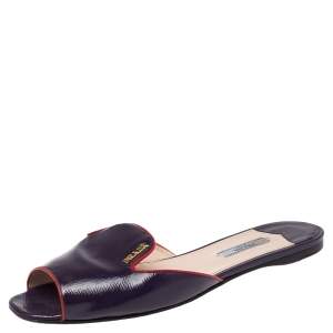 Pre Owned  Prada Purple Saffiano Leather Logo Embellished Flat Slides Size 39.5