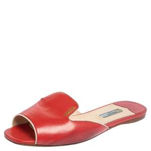 Pre Owned Prada Red Patent Leather Flat Slides Size 39
