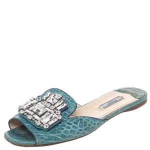 Pre Owned Prada Aqua Blue Croc Embossed Leather Crystal Embellished Flat Slide Sandals Size 38.5