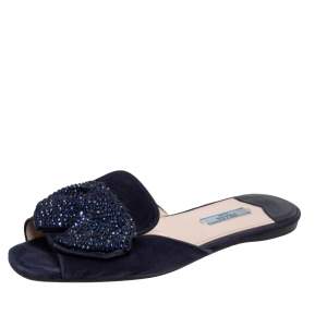 Pre Owned Prada Navy Blue Suede Bow Embellished Slide Flats Size 37.5