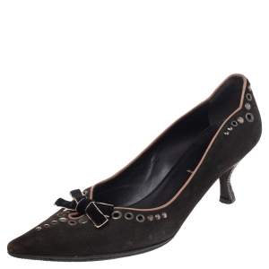 Pre Owned Prada Brown Nubuck Leather Studded Pointed Toe Pumps Size 37.5