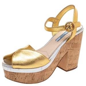 Prada Gold Leather Platform Cork Block Heel Ankle Strap Sandals Size 38.5