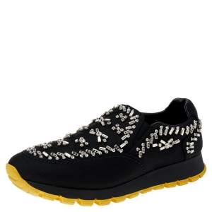 Pre Owned Prada Black Nylon Crystal Embellished Slip On Sneakers Size 39