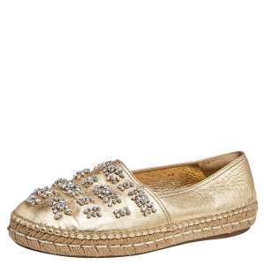 Pre Owned Prada Gold Leather Crystal Embellished Espadrille Flats Size 39
