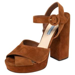 Pre Owned Prada Brown Suede  Crisscross Ankle Strap Sandals Size 39.5