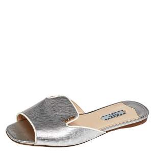 Pre Owned Prada Silver Saffiano Leather Slide Flats Size 38.5