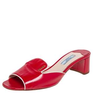 Pre Owned Prada Red Patent Saffiano Leather Block Heel Slide Sandals Size 37