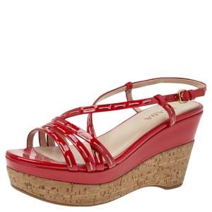 Pre Owned Prada Red Patent Leather Platform Sandals Size 37.5