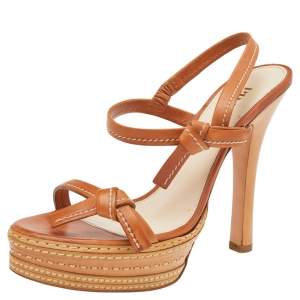 Pre Owned Prada Tan Leather Platform Ankle Strap Sandals Size 39.5