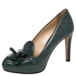 Pre Owned Prada Dark Green  Leather Loafer  Pumps Size 37