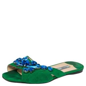 Pre Owned Prada Green Suede Crystal Embellished Flat Sandals Size 37.5
