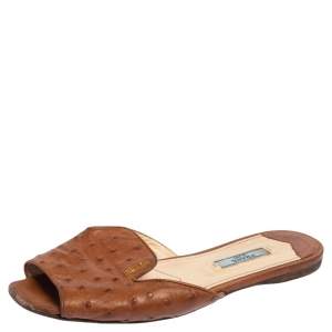 Prada  Brown Ostrich Leather Flat Sandals Size 37