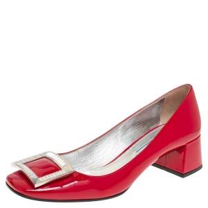 Pre Owned Prada Red Patent Leather Buckle Detail Pumps Size 38.5 