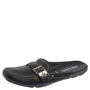 Pre Owned Prada Black Grained Leather Loafer Flat Mules Size 38.5